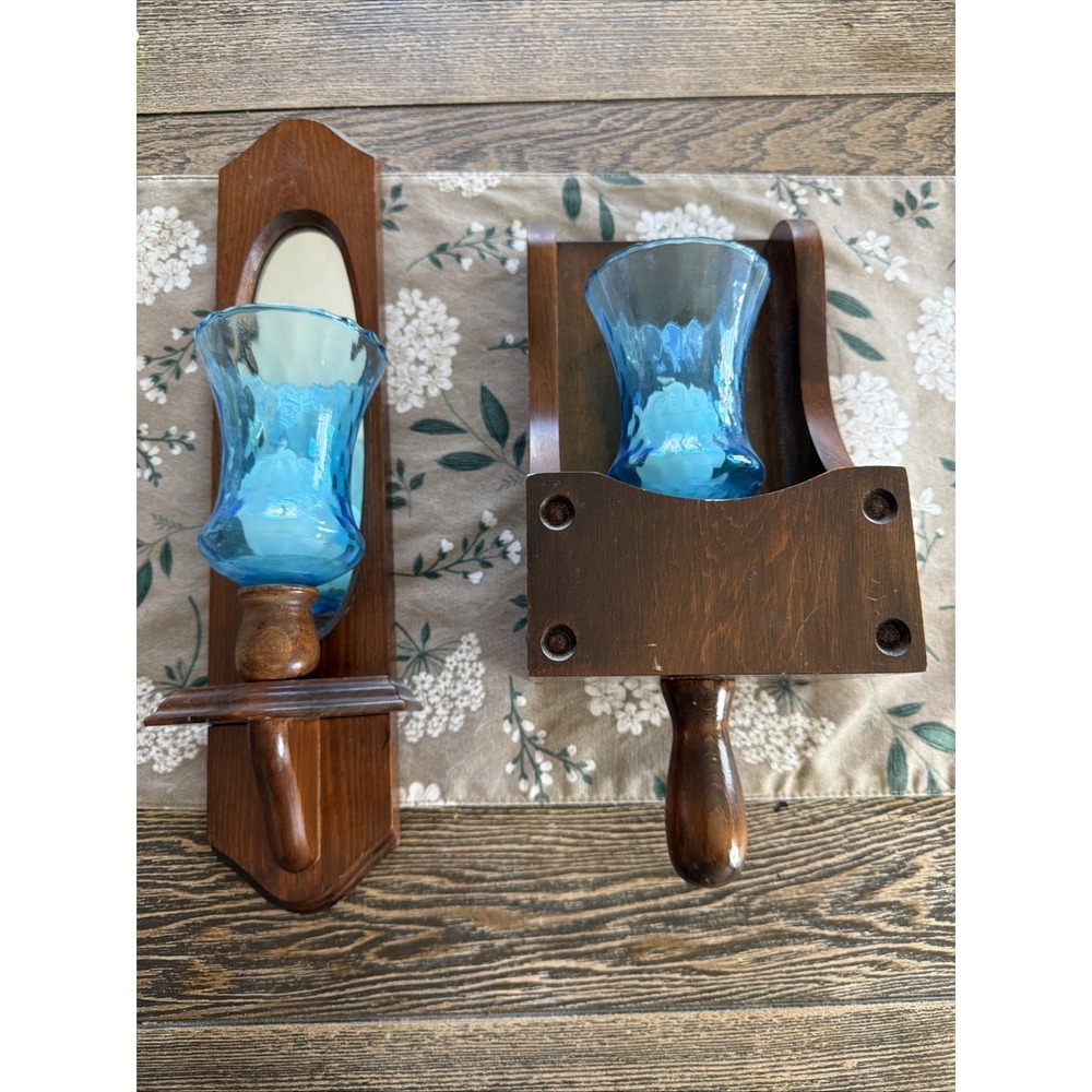 Vintage MCM Set Of 2 Wall Sconce wood‎ Mirrors & Turquoise Glass Candle Holder